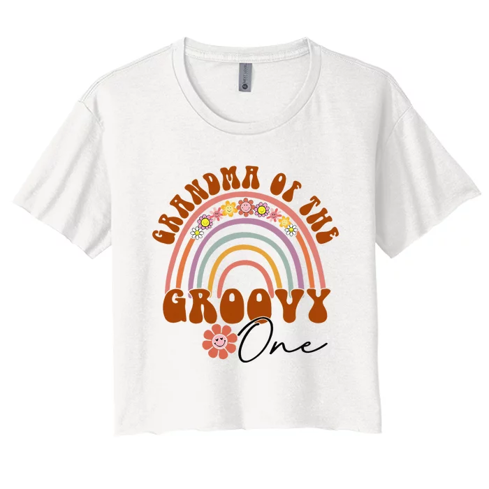 Grandma Of Groovy One Matching Family 1st Birthday Party Women's Crop Top Tee