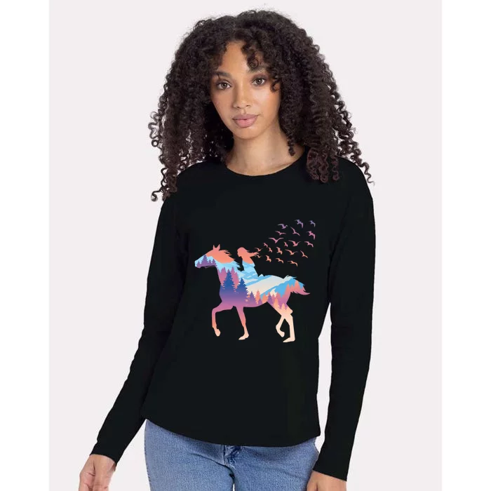 Girl On Horse Beautiful Art Birds Freedom Forest Gift Womens Cotton Relaxed Long Sleeve T-Shirt