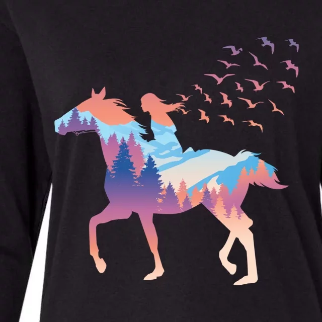 Girl On Horse Beautiful Art Birds Freedom Forest Gift Womens Cotton Relaxed Long Sleeve T-Shirt