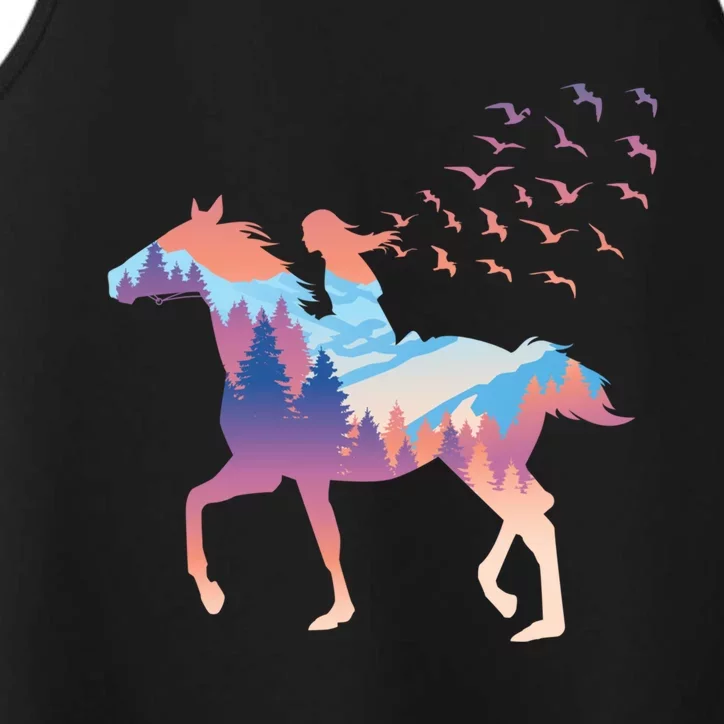 Girl On Horse Beautiful Art Birds Freedom Forest Gift Performance Tank