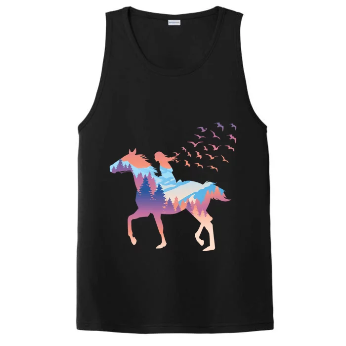 Girl On Horse Beautiful Art Birds Freedom Forest Gift Performance Tank