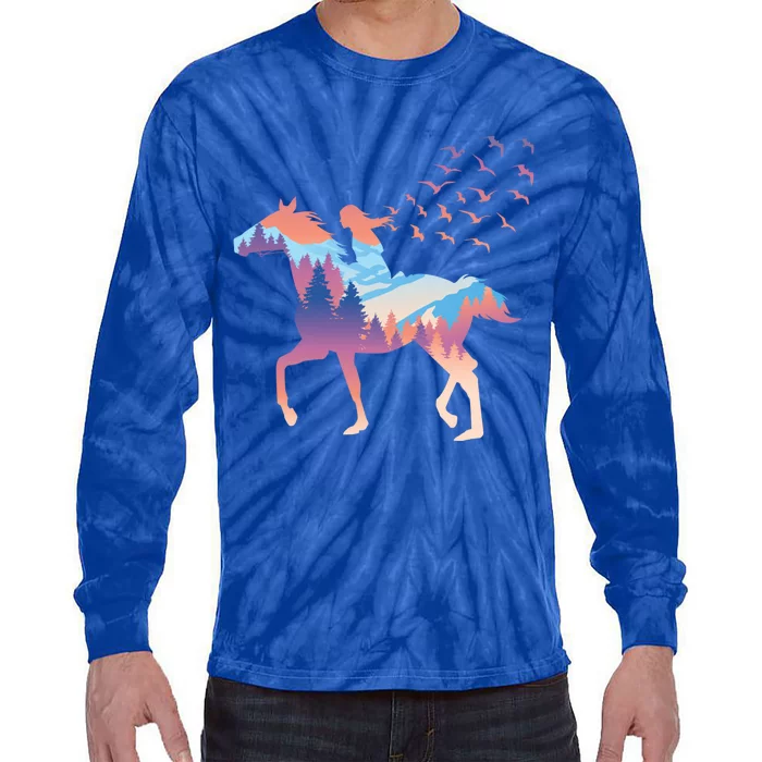 Girl On Horse Beautiful Art Birds Freedom Forest Gift Tie-Dye Long Sleeve Shirt