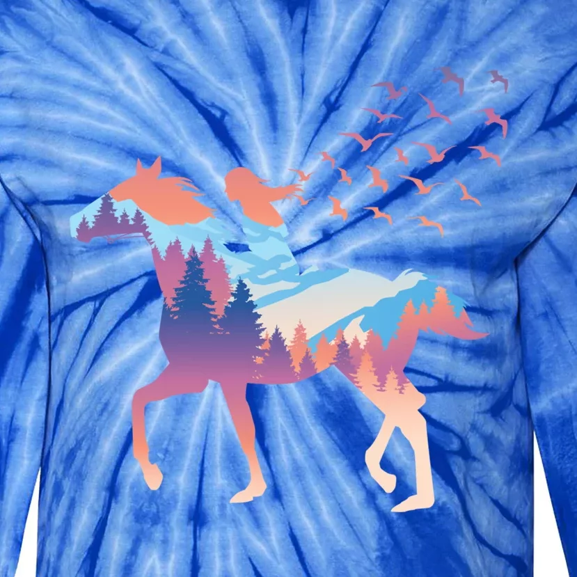 Girl On Horse Beautiful Art Birds Freedom Forest Gift Tie-Dye Long Sleeve Shirt