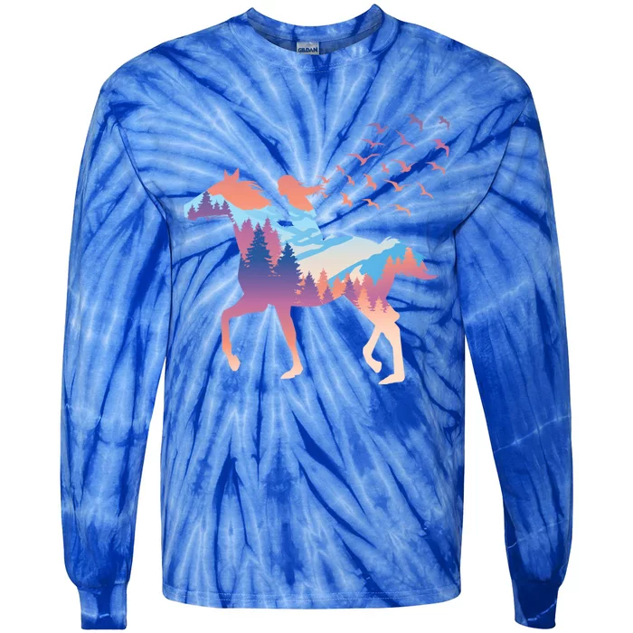 Girl On Horse Beautiful Art Birds Freedom Forest Gift Tie-Dye Long Sleeve Shirt