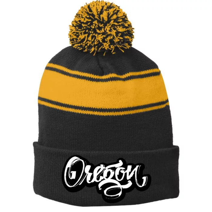 Graffiti Oregon Logo Stripe Pom Pom Beanie