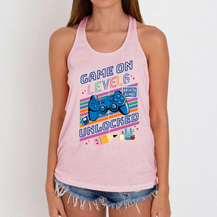 Game On Level 6 Unlocked 6Th Grader Back To School Gamer Gift Women's Knotted Racerback Tank