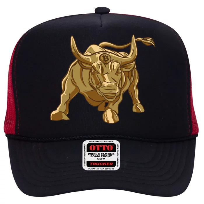 Gold Bitcoin Bull High Crown Mesh Trucker Hat