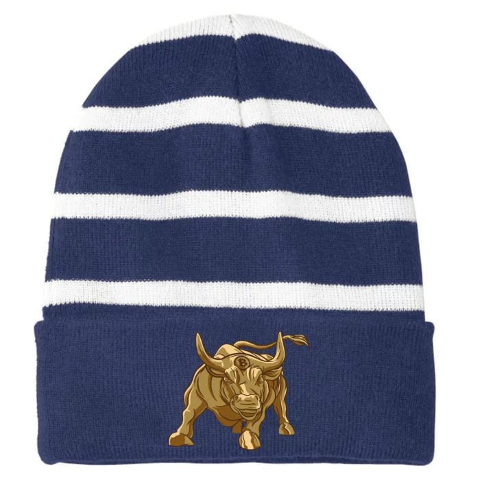 Gold Bitcoin Bull Striped Beanie with Solid Band