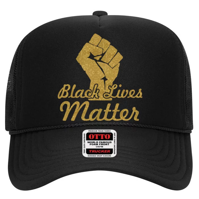 Gold Black Lives Matter Fist Logo High Crown Mesh Trucker Hat