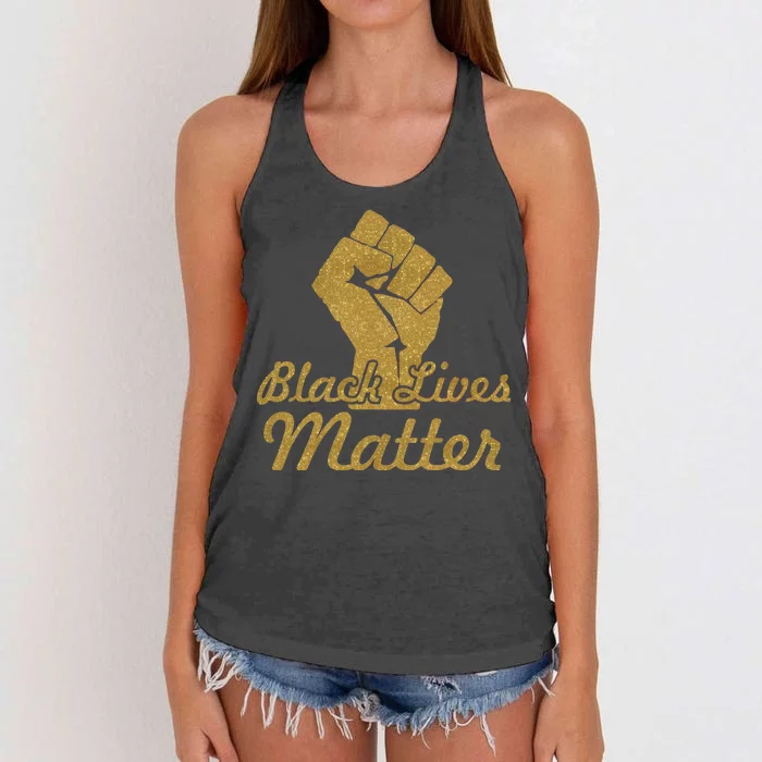 Gold Black Lives Matter Fist Logo Women's Knotted Racerback Tank