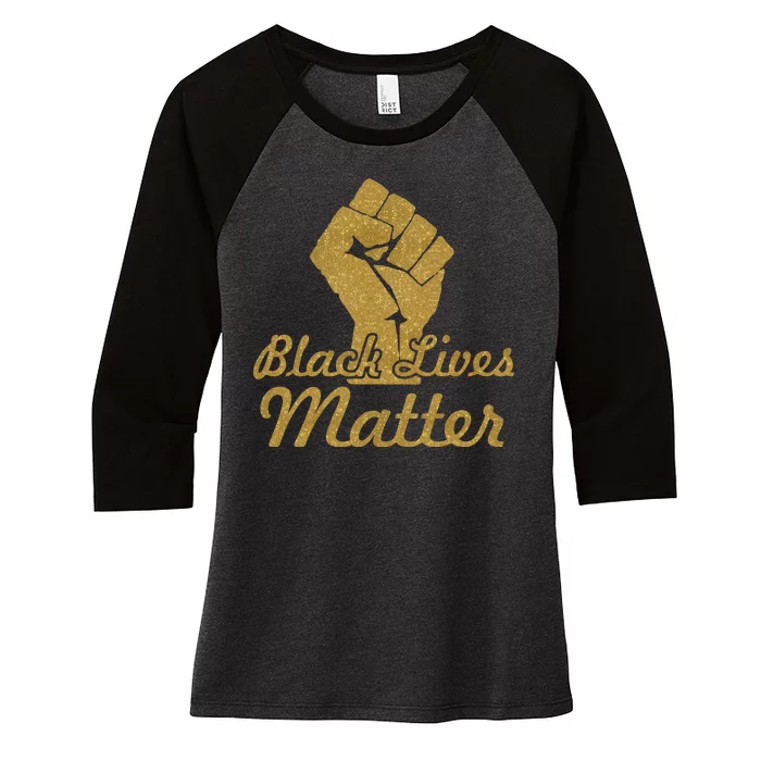 Gold Black Lives Matter Fist Logo Women's Tri-Blend 3/4-Sleeve Raglan Shirt