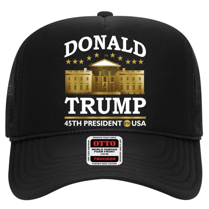 Gold White House Donald Trump 45th President High Crown Mesh Trucker Hat