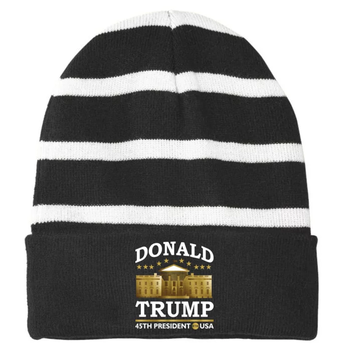 Gold White House Donald Trump 45th President Striped Beanie with Solid Band