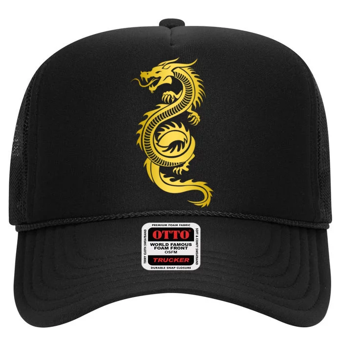 Golden Chinese Dragon High Crown Mesh Trucker Hat