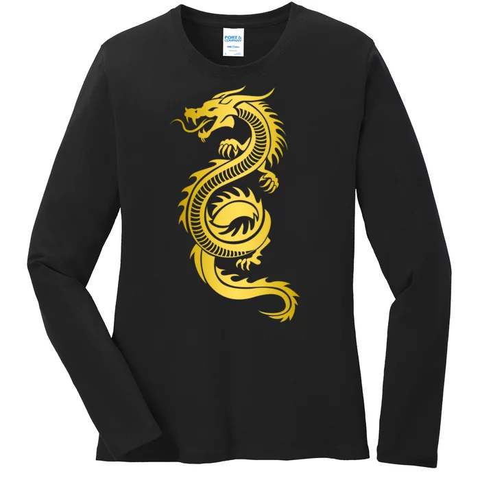 Golden Chinese Dragon Ladies Long Sleeve Shirt