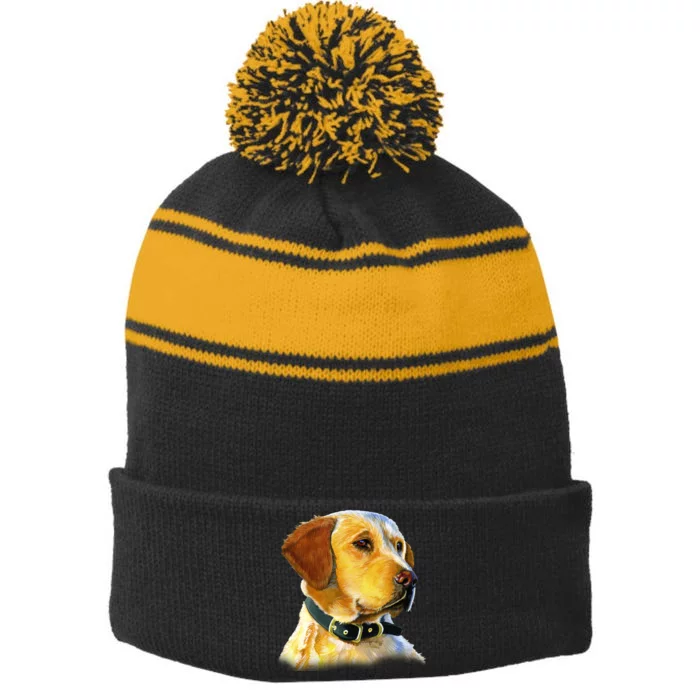 Golden Retriever Dog Portrait Stripe Pom Pom Beanie