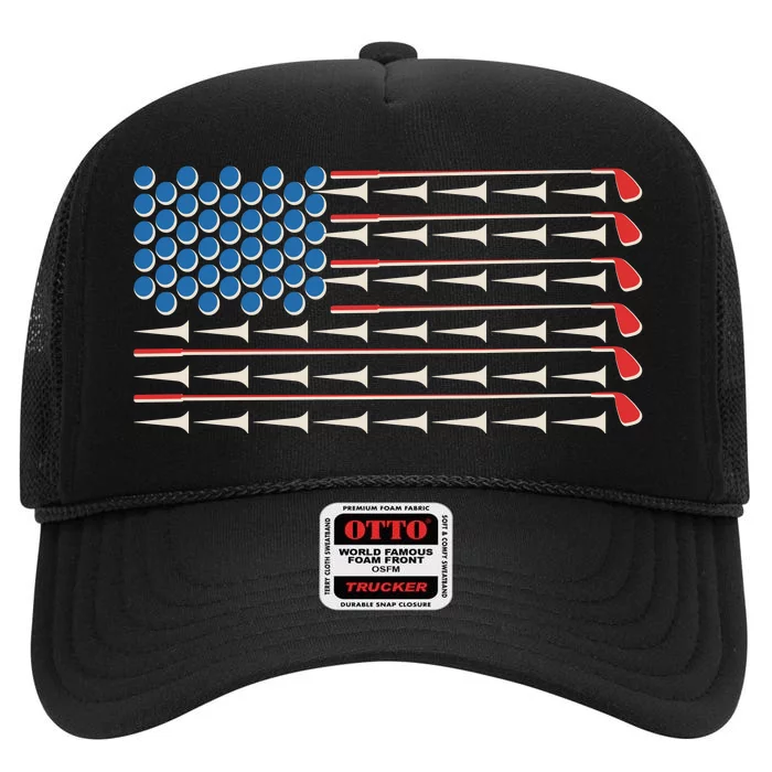 Golf Balls Tees Clubs USA American Flag High Crown Mesh Trucker Hat