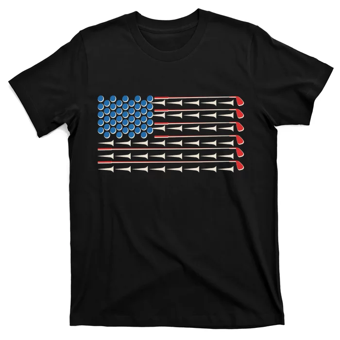 Golf Balls Tees Clubs USA American Flag T-Shirt