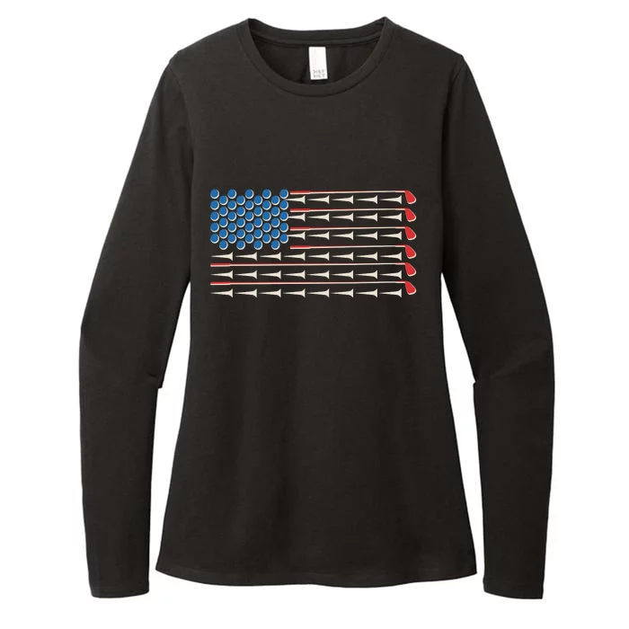 Golf Balls Tees Clubs USA American Flag Womens CVC Long Sleeve Shirt