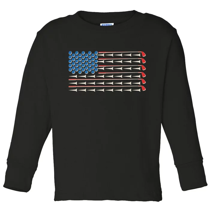 Golf Balls Tees Clubs USA American Flag Toddler Long Sleeve Shirt