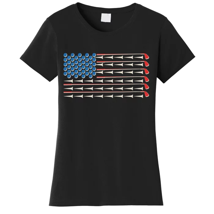 Golf Balls Tees Clubs USA American Flag Women's T-Shirt