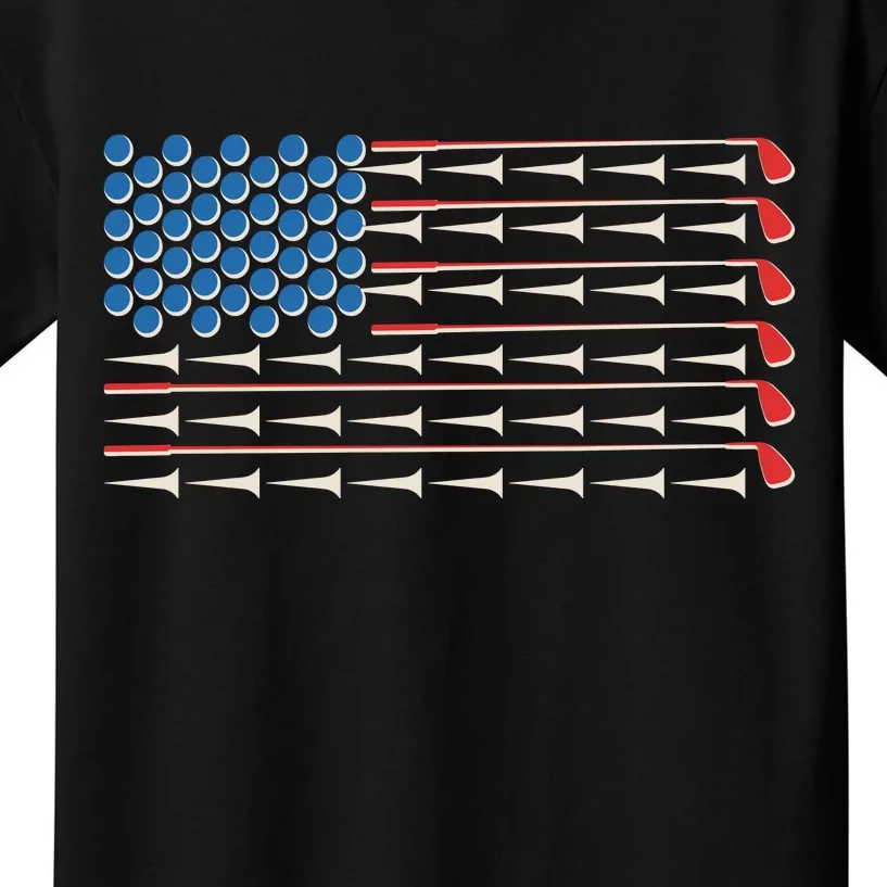 Golf Balls Tees Clubs USA American Flag Kids T-Shirt