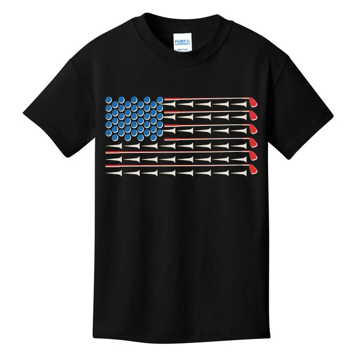 Golf Balls Tees Clubs USA American Flag Kids T-Shirt