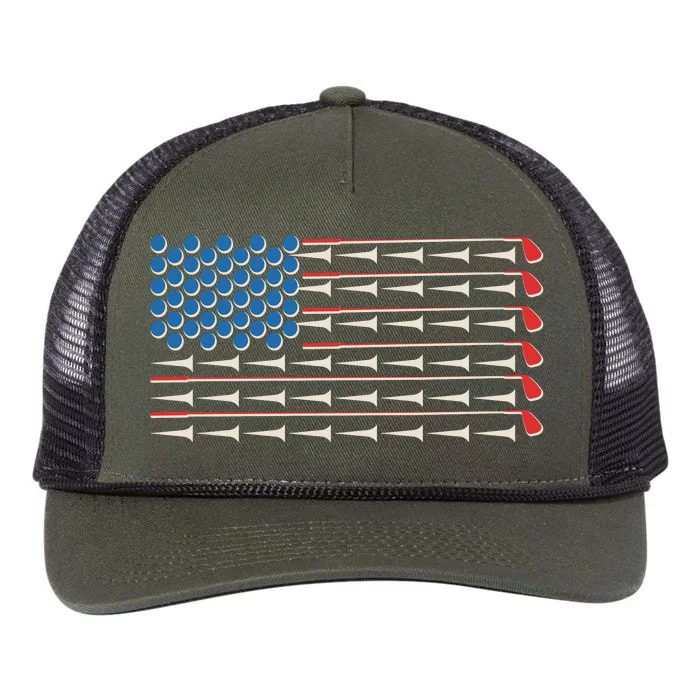 Golf Balls Tees Clubs USA American Flag Retro Rope Trucker Hat Cap