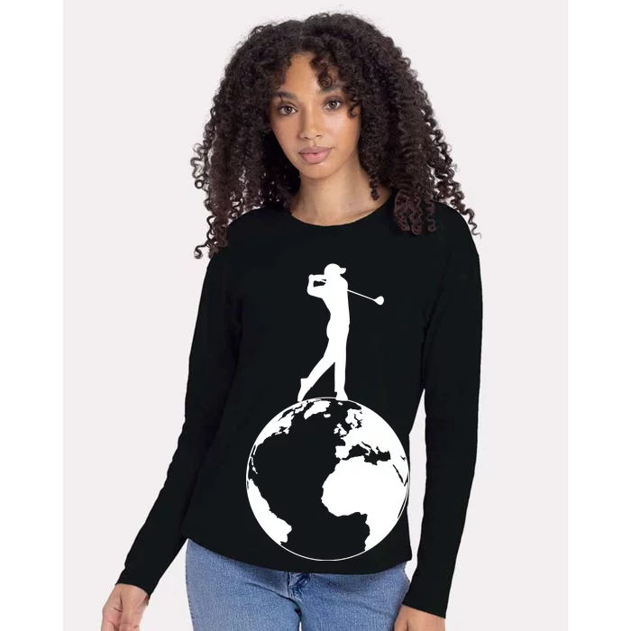 Golfer on top of the World Golf Logo Womens Cotton Relaxed Long Sleeve T-Shirt