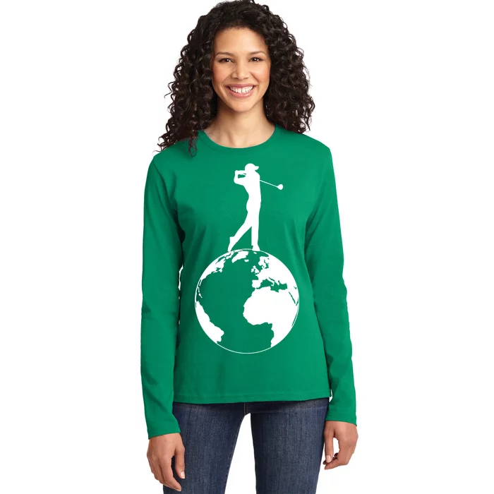 Golfer on top of the World Golf Logo Ladies Long Sleeve Shirt