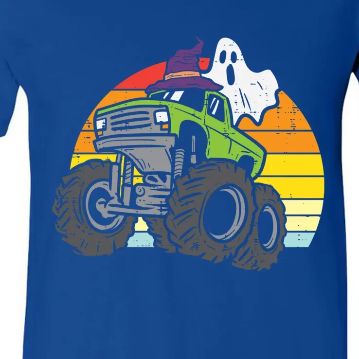 Ghost On Monster Truck Retro Halloween Cute Gift V-Neck T-Shirt