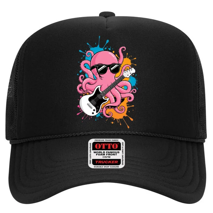 Guitar Octopus Novelty Rock Music Band Concert Funny Guitar High Crown Mesh Trucker Hat