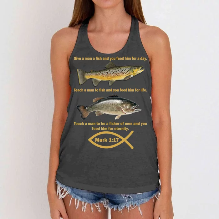 Gone Fishing Christian Quote Mark 1:17 Women's Knotted Racerback Tank