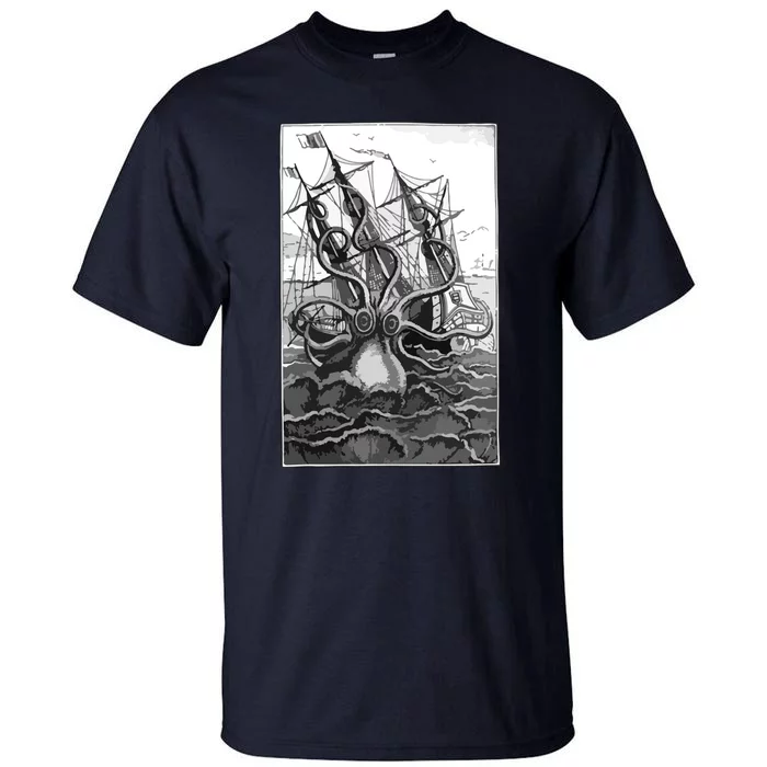 Giant Octopus Pirate Ship Vintage Kraken Sailing Squid Tall T-Shirt