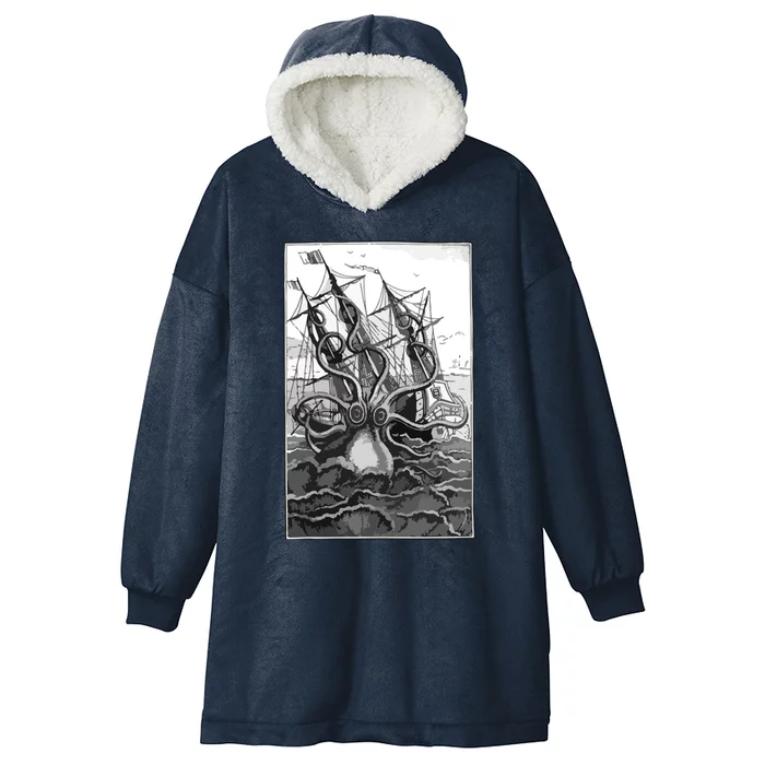 Giant Octopus Pirate Ship Vintage Kraken Sailing Squid Hooded Wearable Blanket