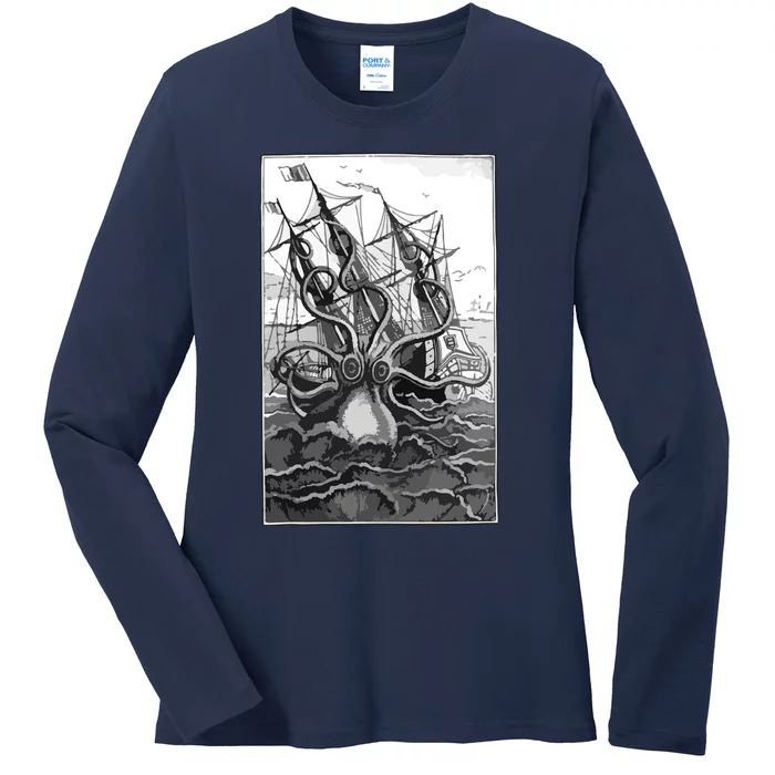 Giant Octopus Pirate Ship Vintage Kraken Sailing Squid Ladies Long Sleeve Shirt