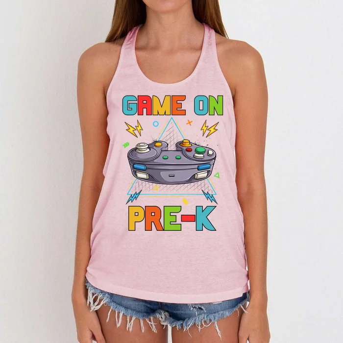 Game On PreK Funny Back To School Preschool Video Games Gift Women's Knotted Racerback Tank