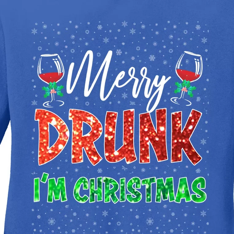 Glass Of Red Wine Merry Drunk IM Christmas Funny Xmas Gift Ladies Long Sleeve Shirt