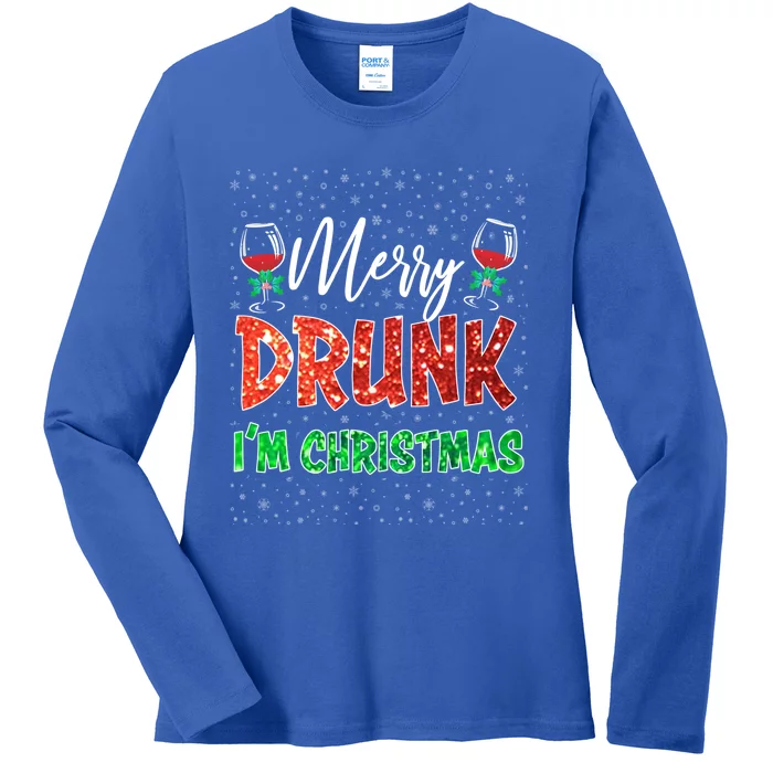 Glass Of Red Wine Merry Drunk IM Christmas Funny Xmas Gift Ladies Long Sleeve Shirt