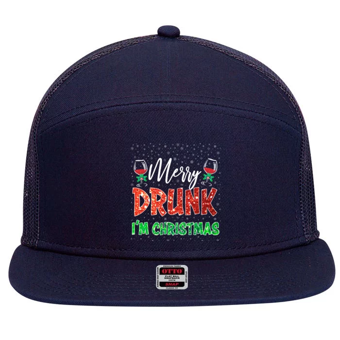 Glass Of Red Wine Merry Drunk I'm Christmas Funny Xmas Gift 7 Panel Mesh Trucker Snapback Hat