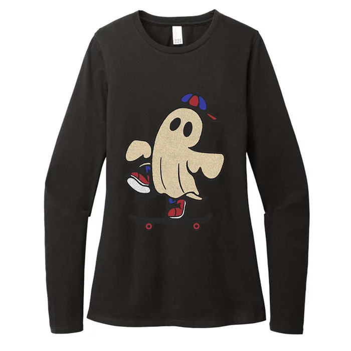 Ghost On Skateboard Skateboarding Pocket Vintage Retro Gift Womens CVC Long Sleeve Shirt