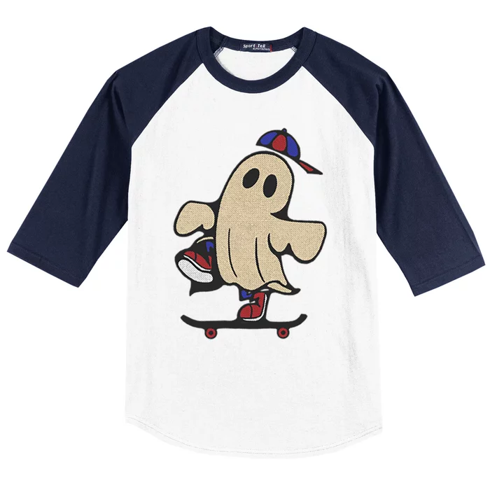 Ghost On Skateboard Skateboarding Pocket Vintage Retro Gift Baseball Sleeve Shirt