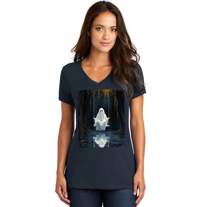 Ghost On Swing Spooky Art Costume Cute Halloween Ghost Women's V-Neck T-Shirt