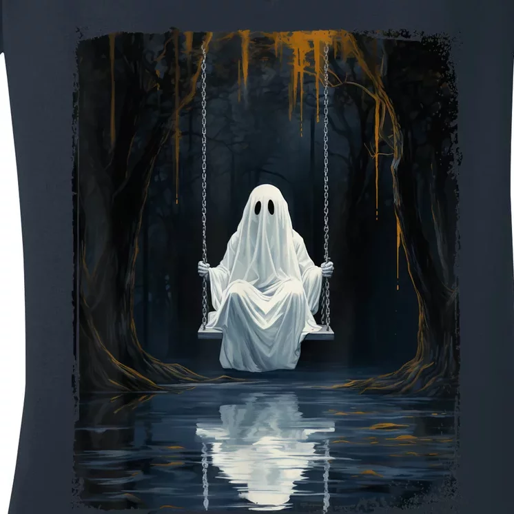 Ghost On Swing Spooky Art Costume Cute Halloween Ghost Women's V-Neck T-Shirt