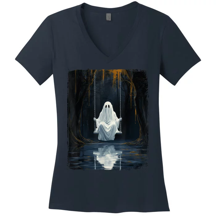 Ghost On Swing Spooky Art Costume Cute Halloween Ghost Women's V-Neck T-Shirt