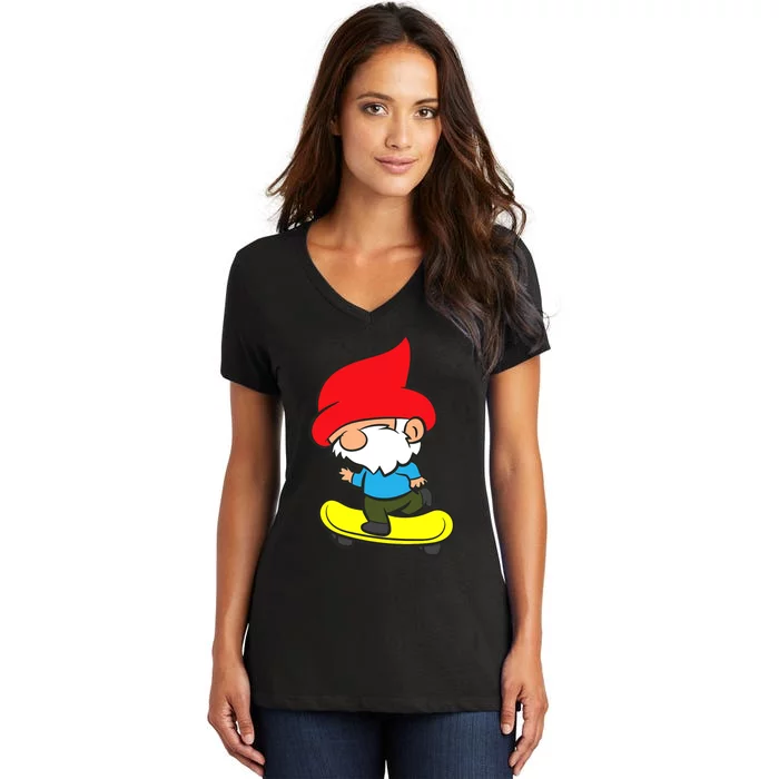 Gnome On Skateboard Cute Gnome Skateboarding Premium Women's V-Neck T-Shirt