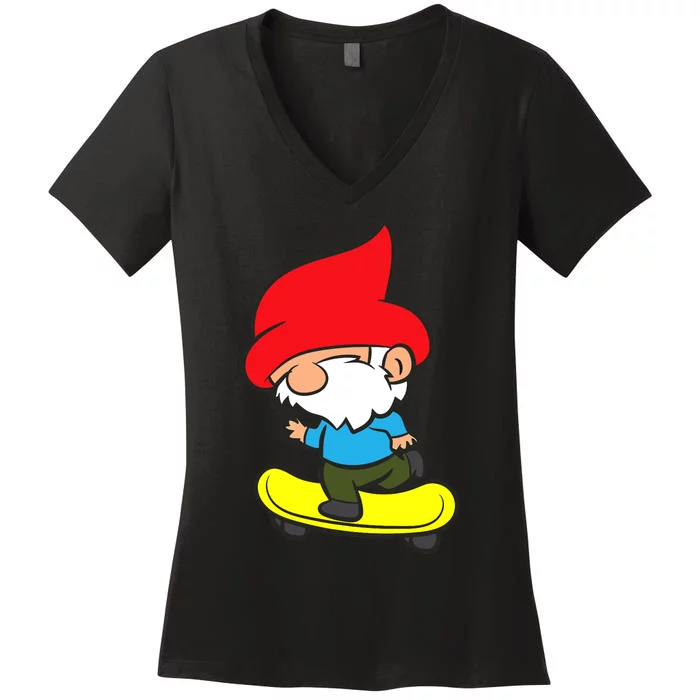 Gnome On Skateboard Cute Gnome Skateboarding Premium Women's V-Neck T-Shirt