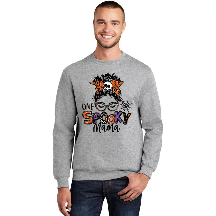 Groovy One Spooky Mama Messy Bun Witch Mom Halloween Tall Sweatshirt