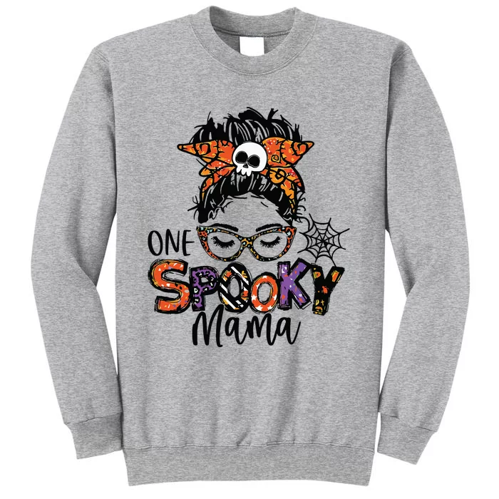 Groovy One Spooky Mama Messy Bun Witch Mom Halloween Tall Sweatshirt