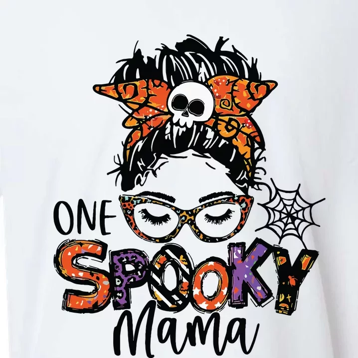 Groovy One Spooky Mama Messy Bun Witch Mom Halloween Sueded Cloud Jersey T-Shirt